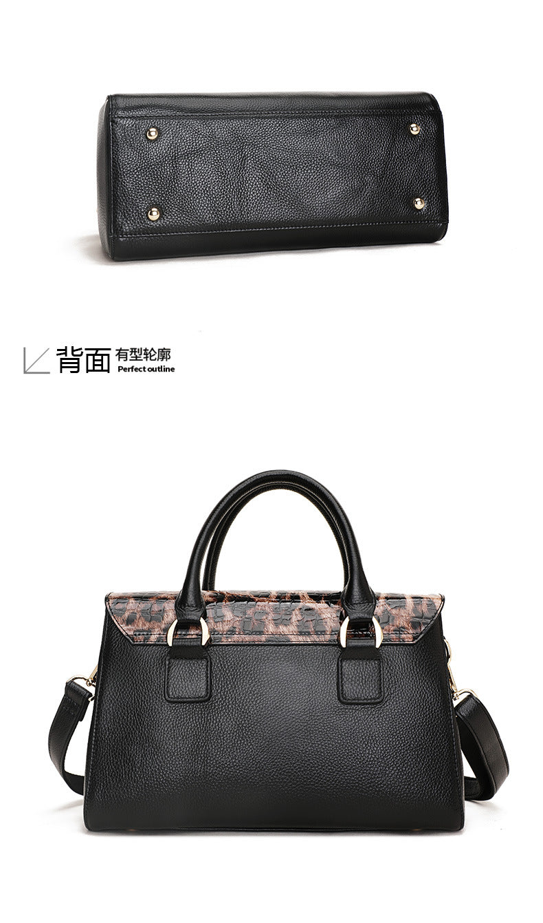 Genuine leather leopard print women's bag Boston bag large capacity handbag cowhide fashion shoulder bag. Pochette