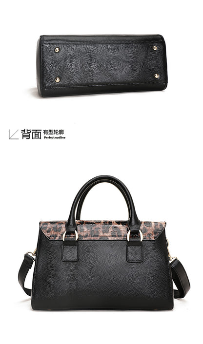 Genuine leather leopard print women's bag Boston bag large capacity handbag cowhide fashion shoulder bag. Pochette