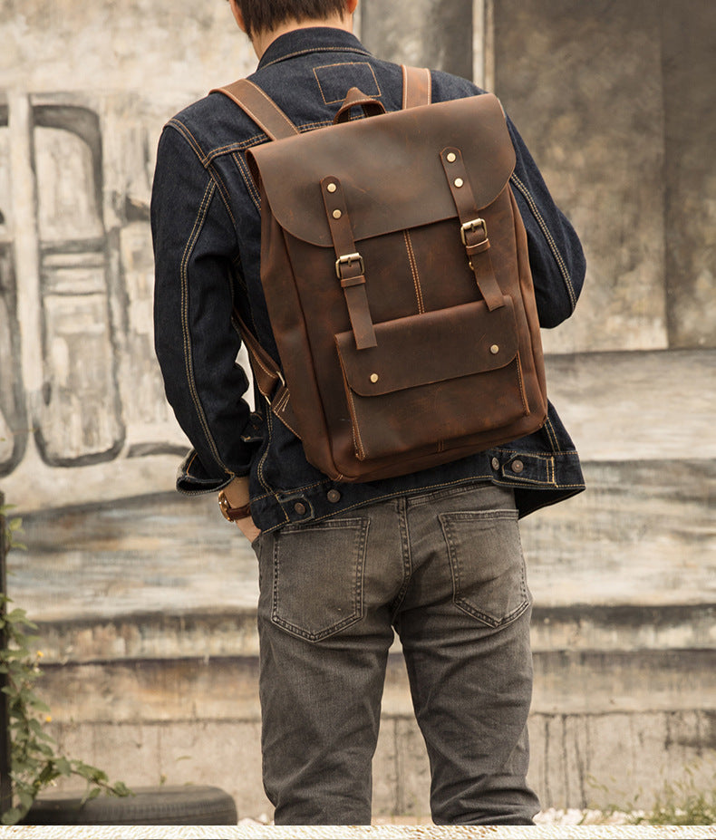 Men's Rucksack Korean Fashion Handmade Cowhide Genuine Leather Crazy Horse Outdoor Travel Bag Casual Computer Bag for Men 