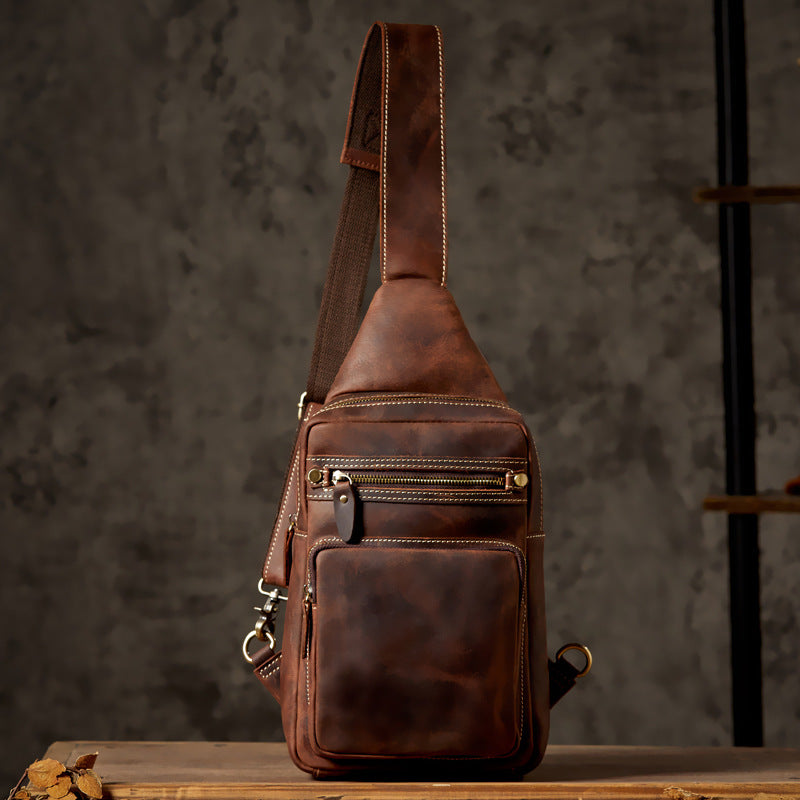 Men's Bust Bag Genuine Cowhide Leather Handmade Vintage Casual Large Capacity Men's Shoulder Bag Crossbody Bag 