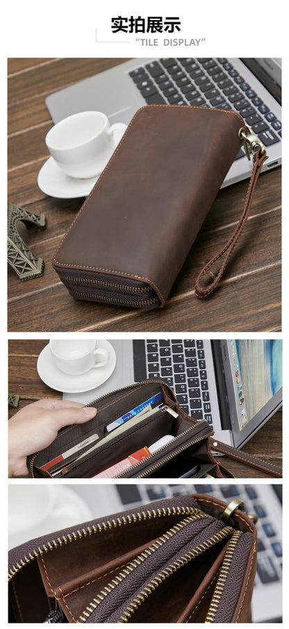 Men's Wallet Cowhide Large Capacity Double Zipper Business Clutch Bag Men's Wallet 