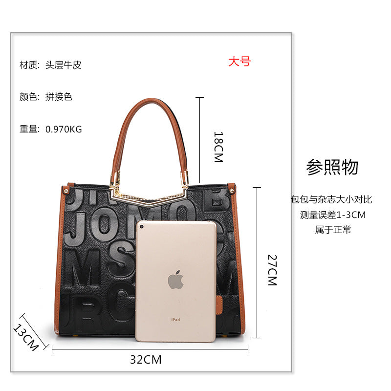 Cowhide women's bag Letter pattern trend Large capacity fashion handbag Shoulder bag that goes with anything Genuine leather handbag.bag