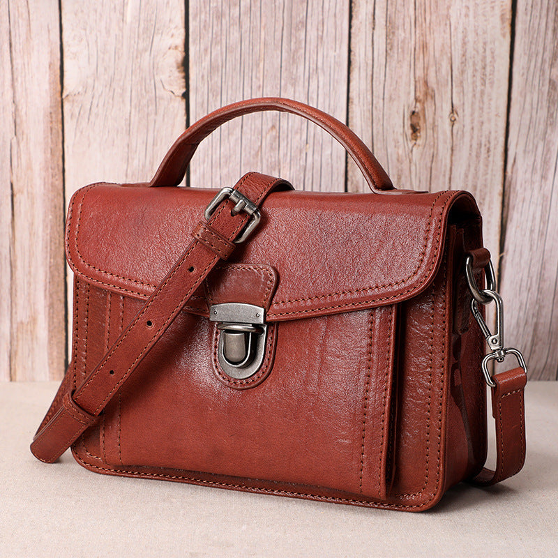 Women's Bag Handmade Genuine Leather Handbag Top Cowhide Square Bag Retro Shoulder Bag.Pochette