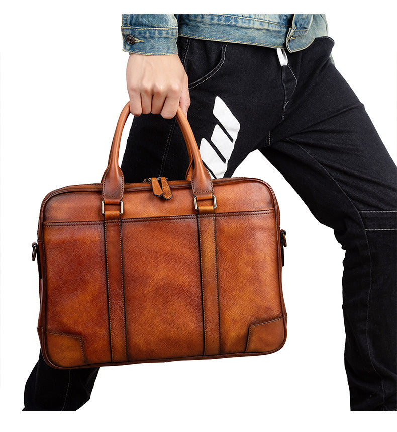 Men's Briefcase Cowhide Genuine Leather Retro Casual Men's Handbag 