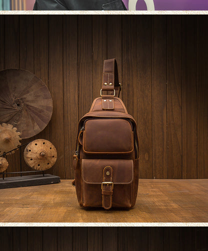 Men's Bust Bag Handmade Genuine Cowhide Leather Crazy Horse Retro Fashion Casual Crossbody Bag Shoulder Bag 