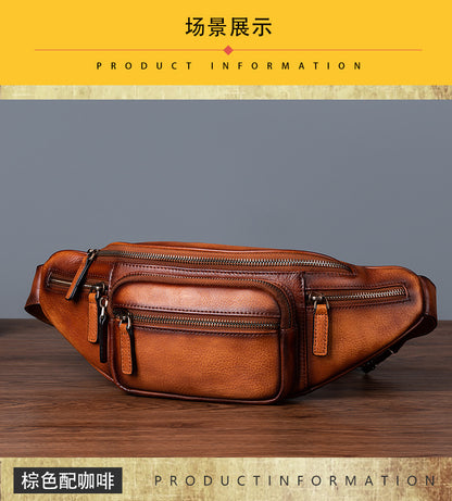 Men's Waist Pouch Genuine Cowhide Leather Retro Casual Bust Bag for Men 