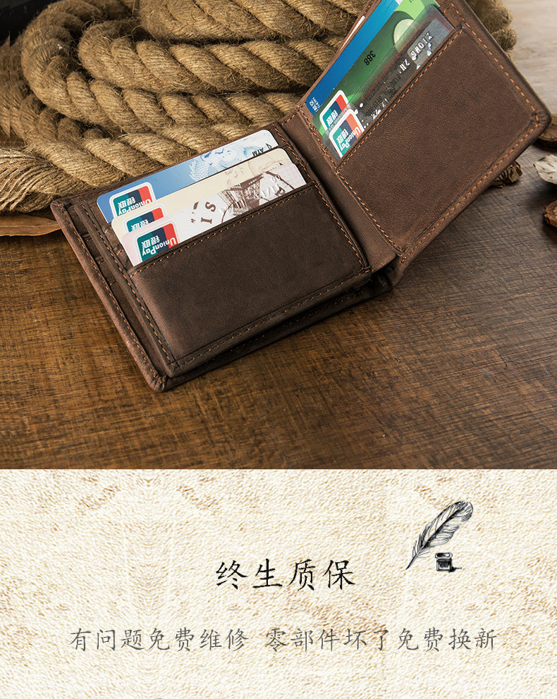 Men's Short Wallet Original Cowhide Genuine Leather Card Holder Retro Men's Wallet Card Bag 