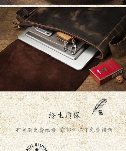 Men's Messenger Bag Handmade Genuine Cowhide Leather Crazy Horse Retro Casual Shoulder Bag Crossbody Computer Bag 