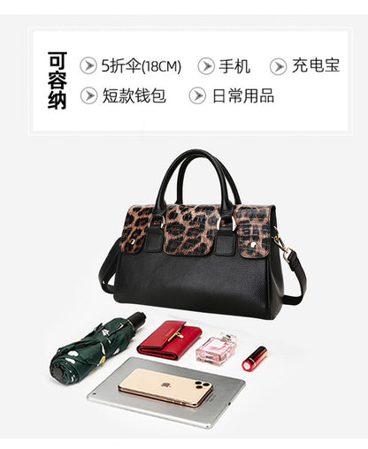 Genuine leather leopard print women's bag Boston bag large capacity handbag cowhide fashion shoulder bag. Pochette