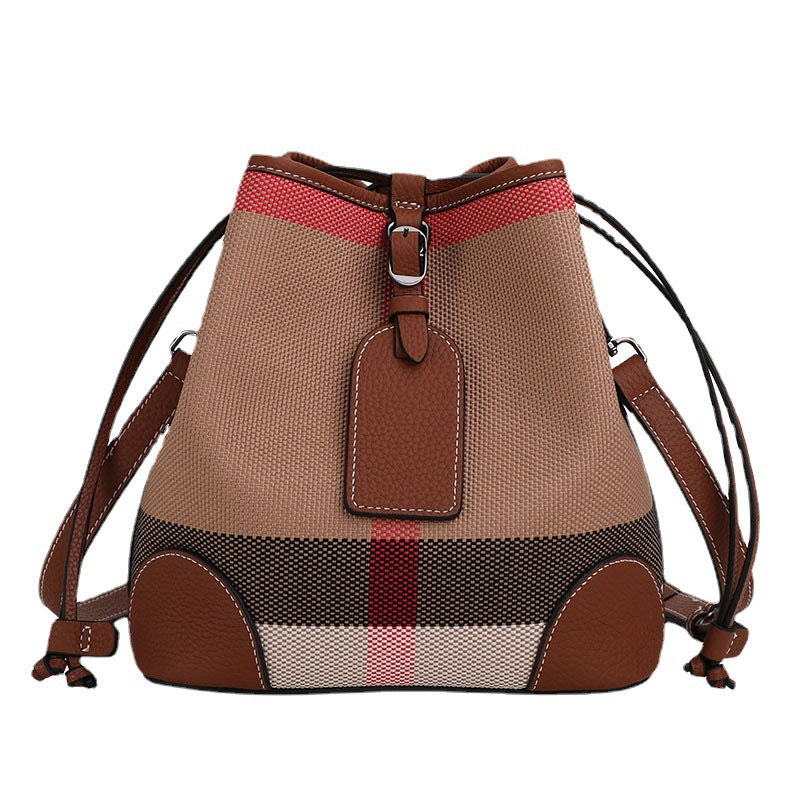 Ladies bag plaid cowhide leather bucket bag fashion color matching shoulder bag. Pochette