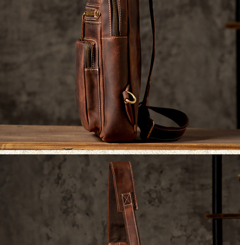 Men's Bust Bag Genuine Cowhide Leather Handmade Vintage Casual Large Capacity Men's Shoulder Bag Crossbody Bag 