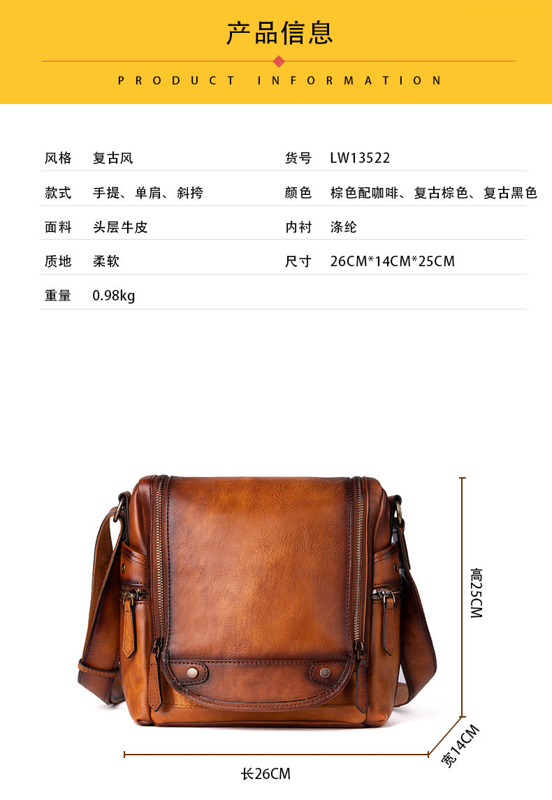 Men's Shoulder Bag Genuine Cowhide Leather Retro Casual Crossbody Bag for Men 