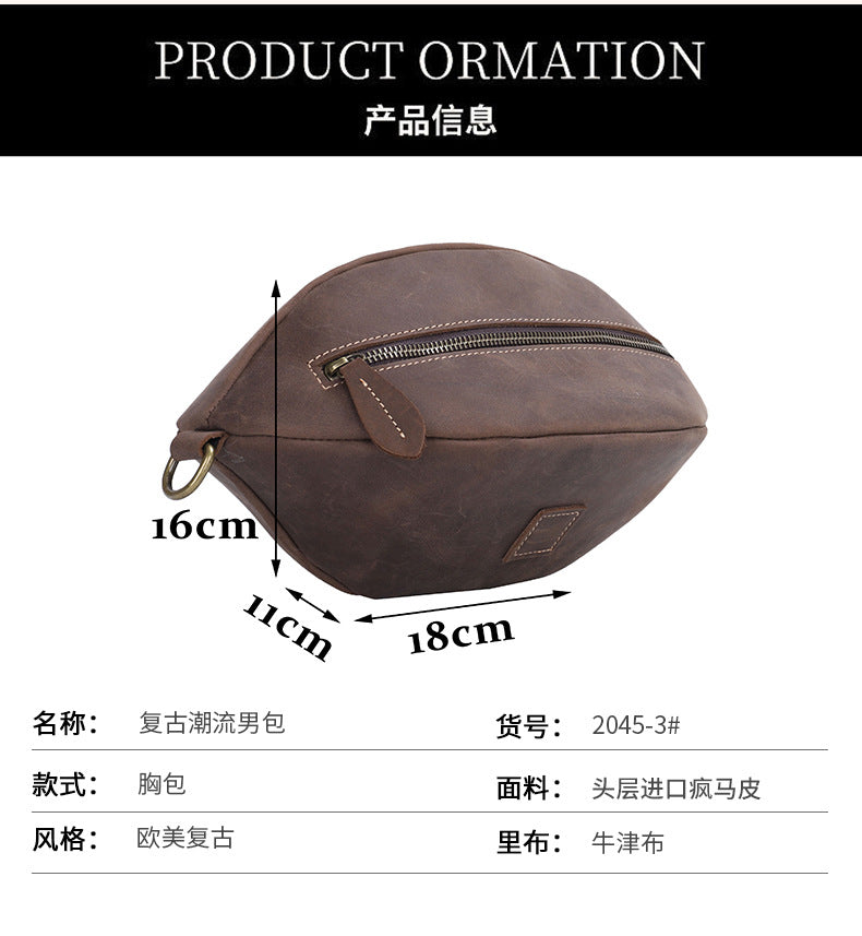 Men's Bust Bag Cowhide Crazy Horse Retro Casual Fashion Shoulder Bag Men's Crossbody Bag Waist Pouch 