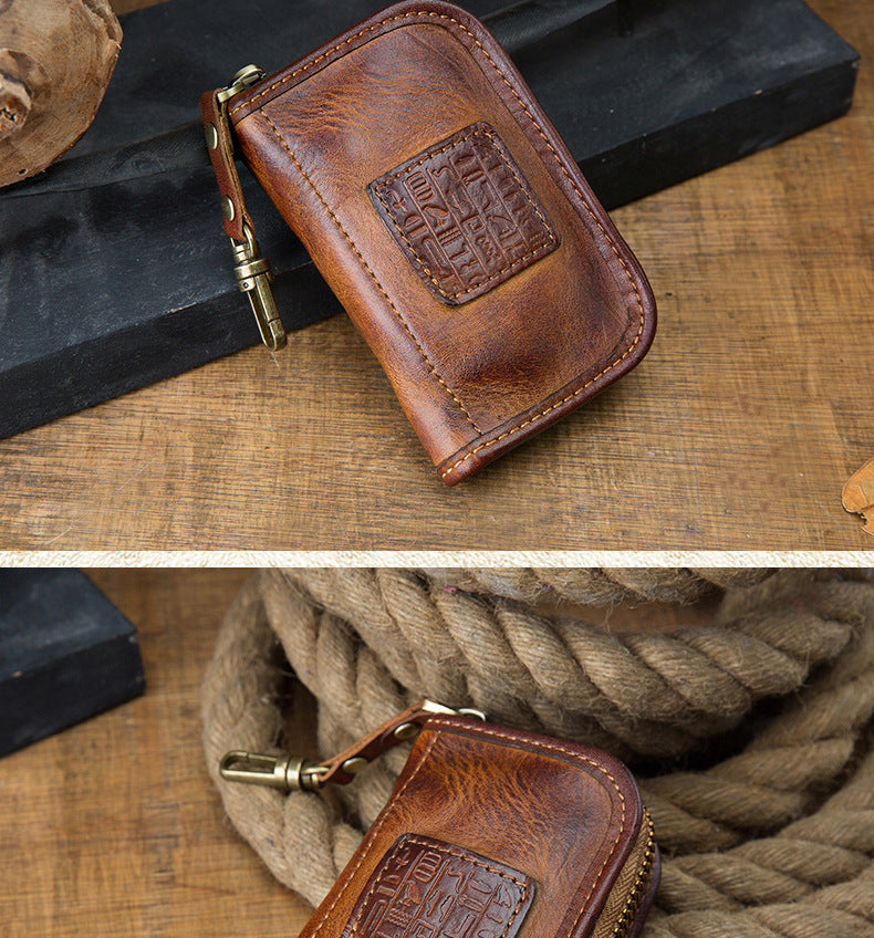 Men's Wallet Handmade Cowhide Genuine Leather Zipper Keychain for Waist Multifunctional Fashion Bag for Men