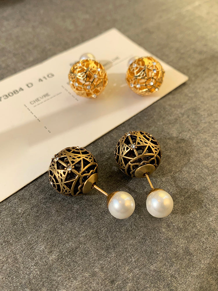 D Small Pearl Earrings Women's Temperament Luxury Openwork Retro Luxury Earrings 