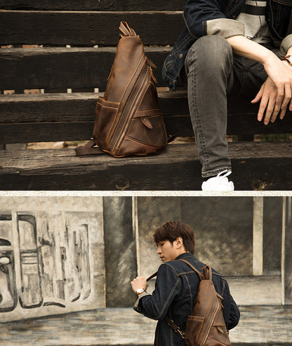 Men's Bust Bag Genuine Cowhide Leather Handmade Fashion Large Capacity Multifunctional Retro Crossbody Bag Casual Two Shoulder Backpack Rucksack 