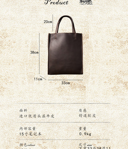 Men's Tote Bag Original Handmade Cowhide Genuine Leather Crazy Horse Shopping Retro Casual Handbag Shoulder Bag 