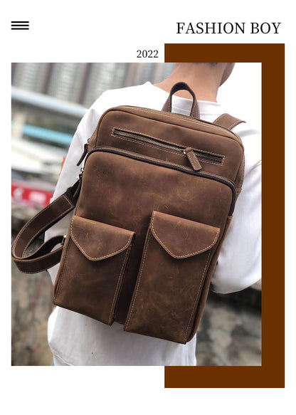 Men's backpack cowhide genuine leather retro fashion Korean fashion casual business handbag computer bag outdoor men's travel bag 