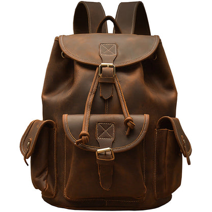 Men's Backpack Cowhide Genuine Leather Handmade Crazy Horse Retro Fashion Outdoor Travel Bag 