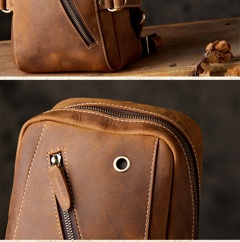 Men's Bust Bag Handmade Genuine Cowhide Leather Retro Fashion Outdoor Casual Crossbody Bag for Men