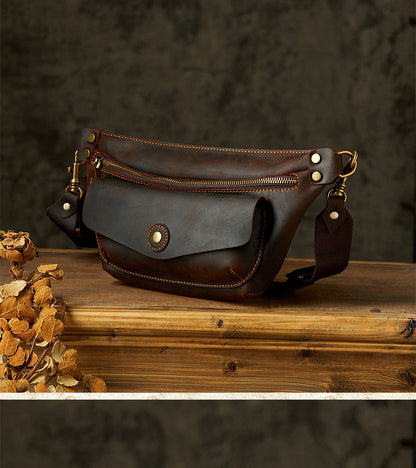 Men's Bust Bag Handmade Cowhide Genuine Leather Unique Waist Pouch Retro Casual Fashion Men's Crossbody Bag Shoulder Bag 