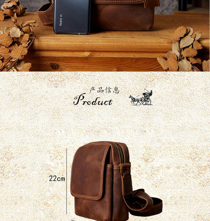 Men's Shoulder Bag Handmade Quality Genuine Cowhide Leather Crazy Horse Retro Unique Casual Fashion Crossbody Bag for Men 