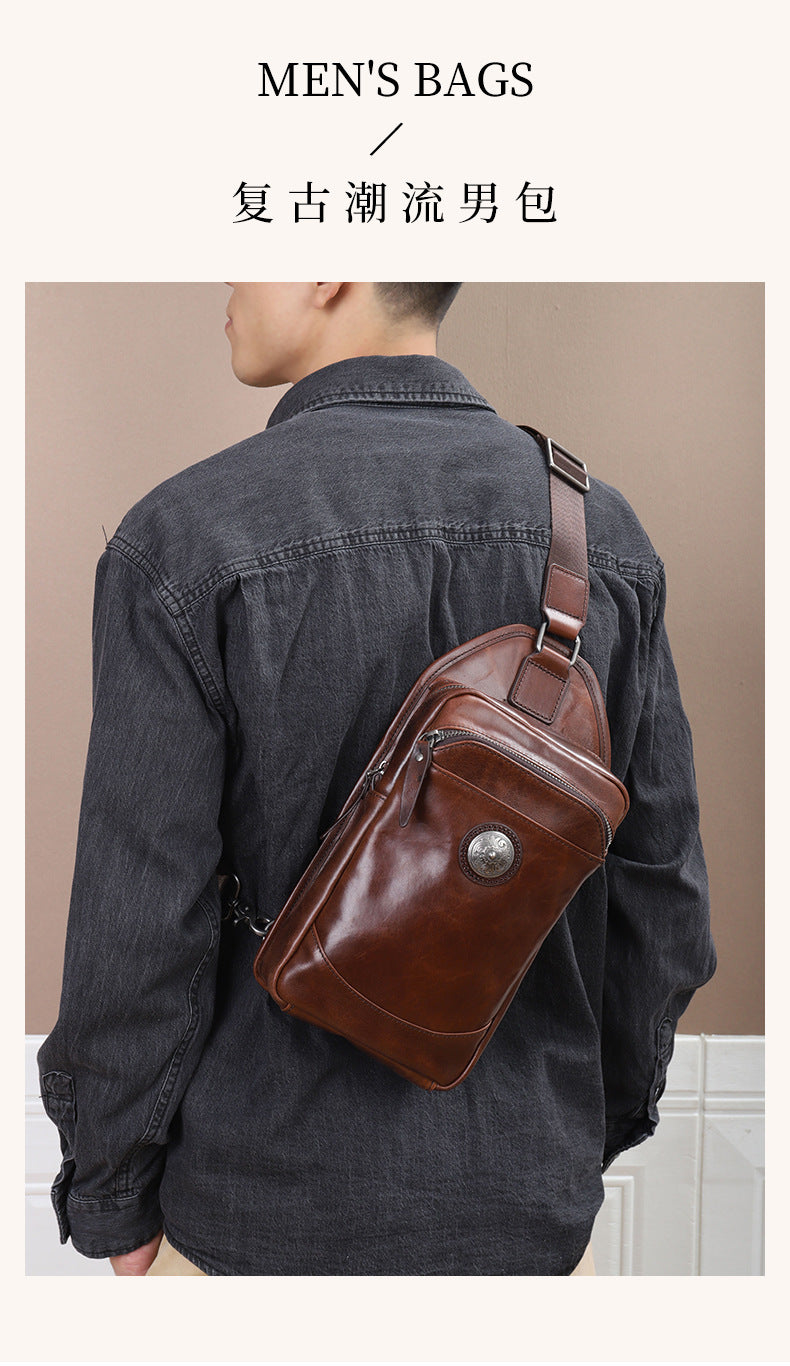 Men's Bust Bag Genuine Cowhide Leather Crazy Horse Retro Casual Shoulder Bag Men's Crossbody Bag 