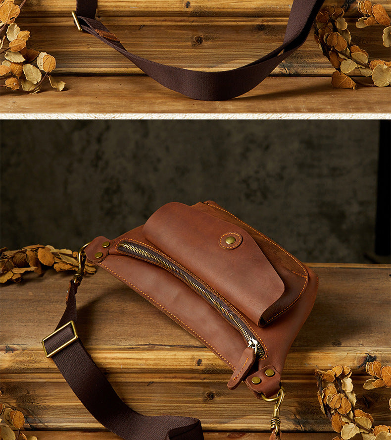 Men's Bust Bag Handmade Cowhide Genuine Leather Unique Waist Pouch Retro Casual Fashion Men's Crossbody Bag Shoulder Bag 