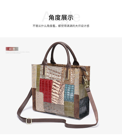 Women's Handbag Crocodile Print Tote Bag Genuine Leather Splice Retro Fashion Shoulder Bag.Pochette