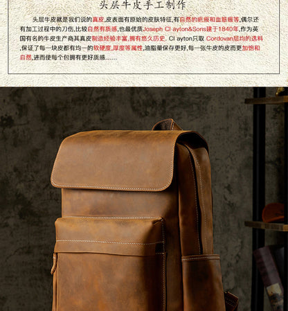 Men's Backpack Handcrafted Genuine Cowhide Leather Fashion Retro Crazy Horse Men's Travel Bag 