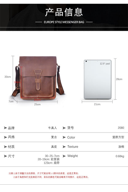 Men's Briefcase Genuine Cowhide Leather Crossbody Bag Retro Business Men Shoulder Bag Computer Bag 