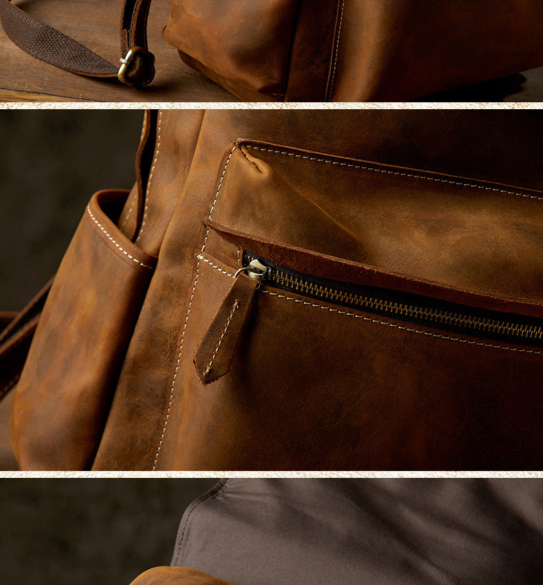 Men's Backpack Handcrafted Genuine Cowhide Leather Fashion Retro Crazy Horse Men's Travel Bag 