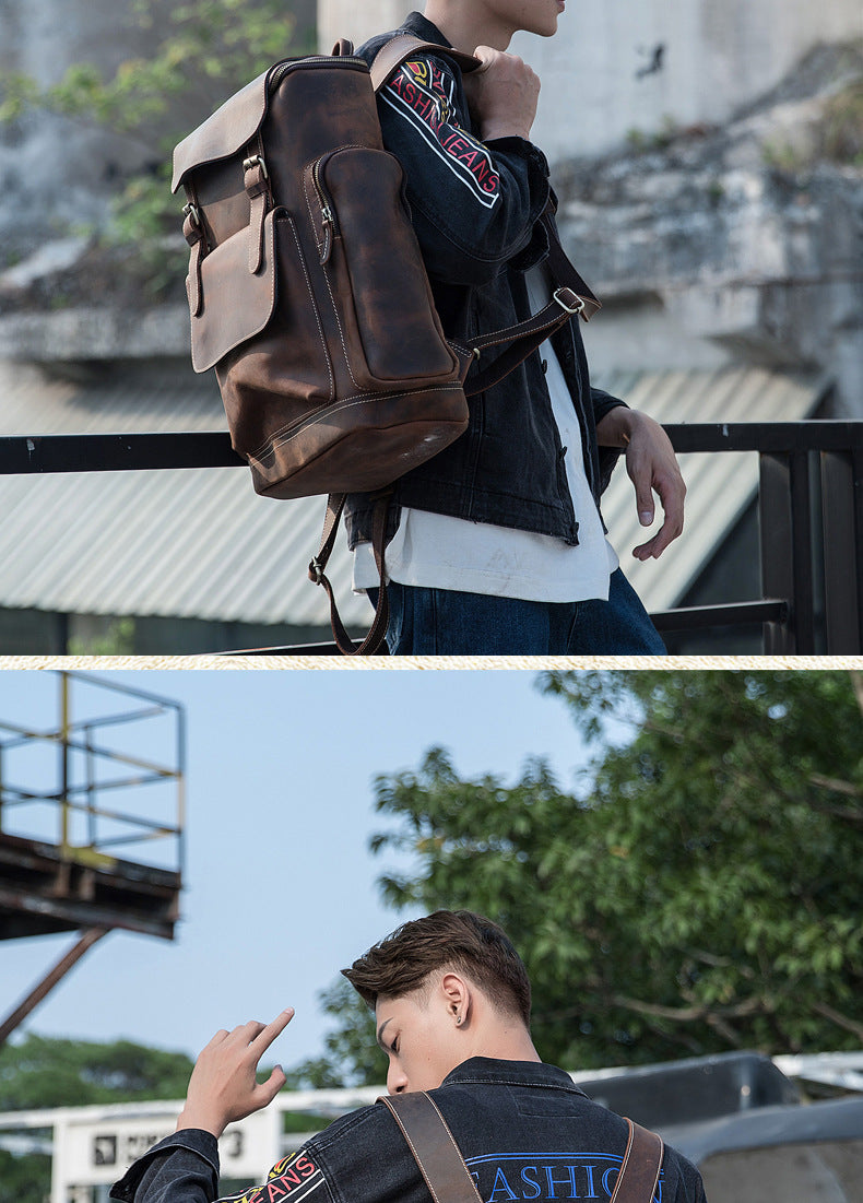 Men's backpack cowhide genuine leather handmade large capacity travel fashion computer bag 