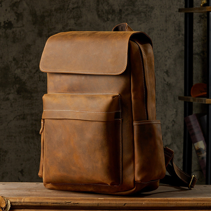 Men's Backpack Handcrafted Genuine Cowhide Leather Fashion Retro Crazy Horse Men's Travel Bag 