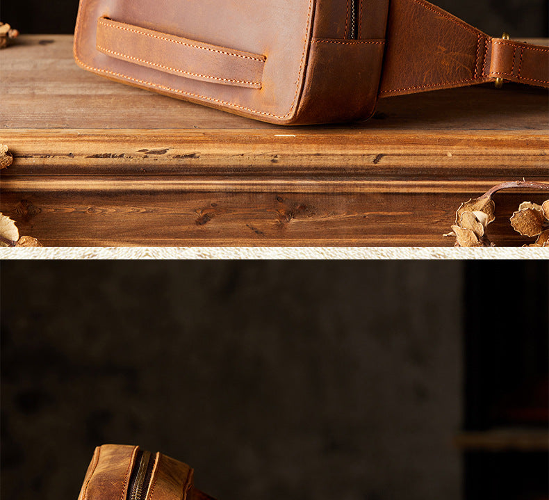 Men's Bust Bag Handmade Original Cowhide Genuine Leather Unique Retro Crossbody Bag Shoulder Bag Men's Mobile Phone Bag 