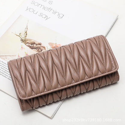 Women's Wallet Sheep Leather Clutch Bag Pleated Genuine Leather Long Wallet Fashion Wallet Women's Wallet