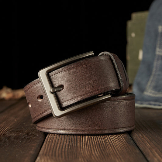 Men's Belt Handmade Cowhide Genuine Leather Retro Simple Casual Fashion Stainless Steel Needle Buckle Men's Belt 