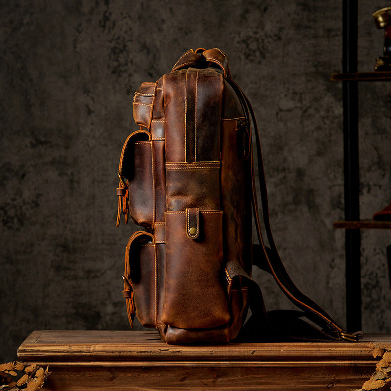 Men's backpack genuine cowhide leather Crazy Horse original large capacity retro outdoor unique travel bag 