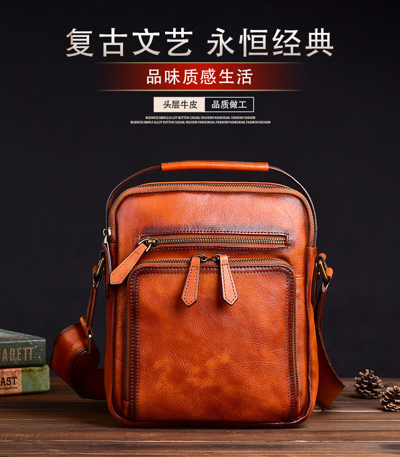 Men's Shoulder Bag Genuine Cowhide Leather Retro Casual Male Crossbody Bag 