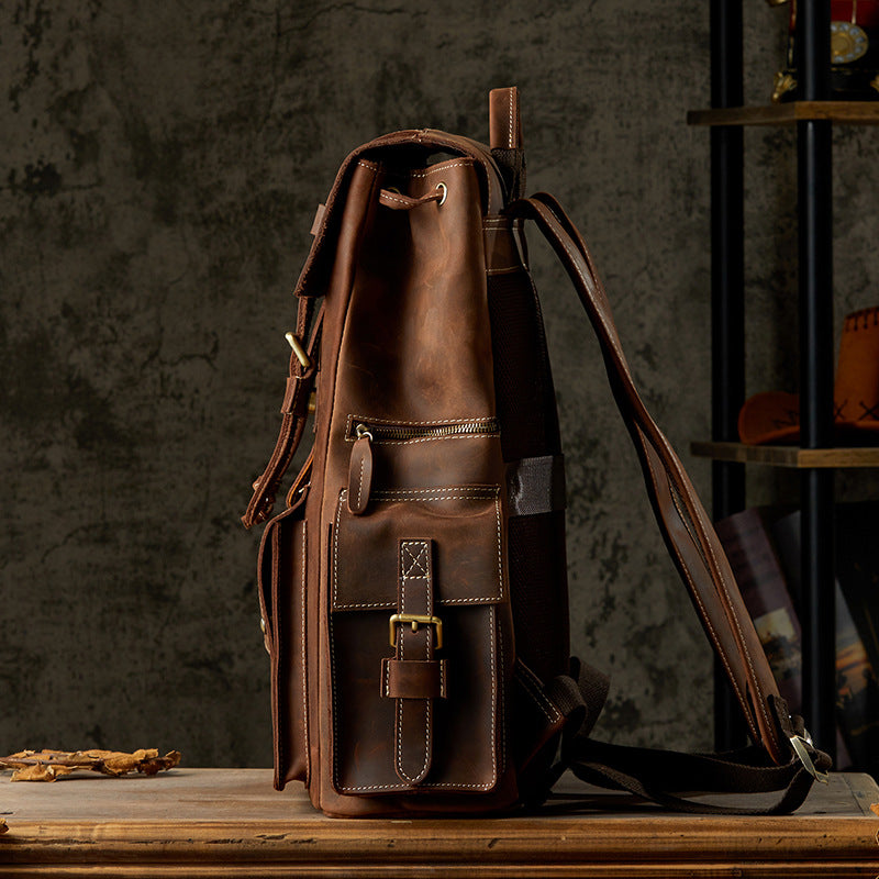 Men's Rucksack Cowhide Large Capacity Handmade Unique Retro Casual Travel Bag for Men 