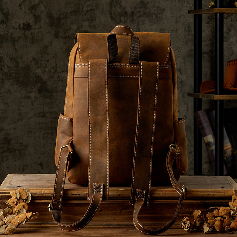 Men's Backpack Handcrafted Genuine Cowhide Leather Fashion Retro Crazy Horse Men's Travel Bag 