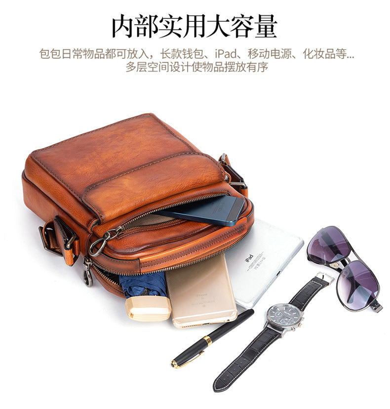 Men's Shoulder Bag Genuine Cowhide Leather Retro Casual Male Crossbody Bag 