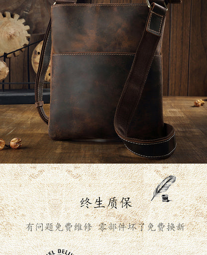 Men's Shoulder Bag Handcrafted Genuine Cowhide Leather Crazy Horse Simple Retro Crossbody Bag for Men 