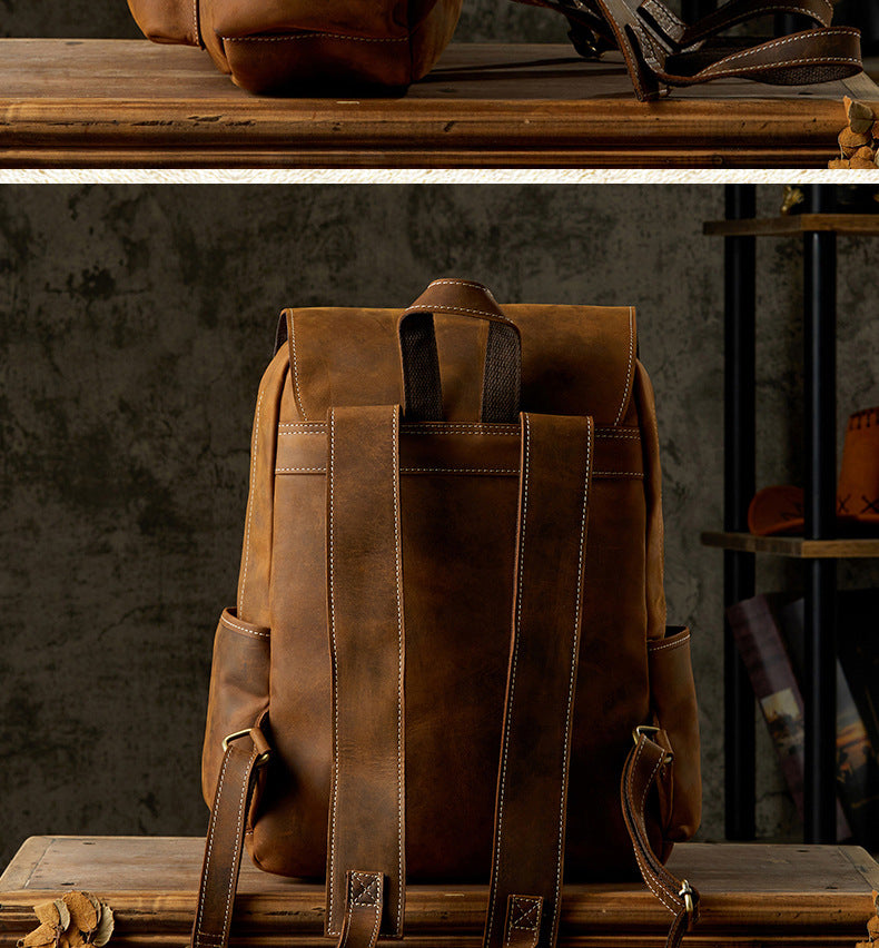 Men's Backpack Handcrafted Genuine Cowhide Leather Fashion Retro Crazy Horse Men's Travel Bag 