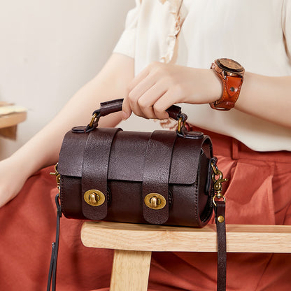 Women's Bag Retro Genuine Leather Handbag Cylindrical Bag Cowhide Simple Messenger Bag Trendy Shoulder Bag.Pochette