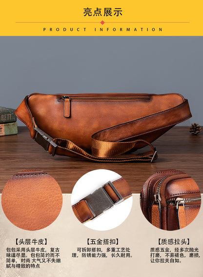 Men's Waist Pouch Genuine Cowhide Leather Retro Casual Bust Bag for Men 