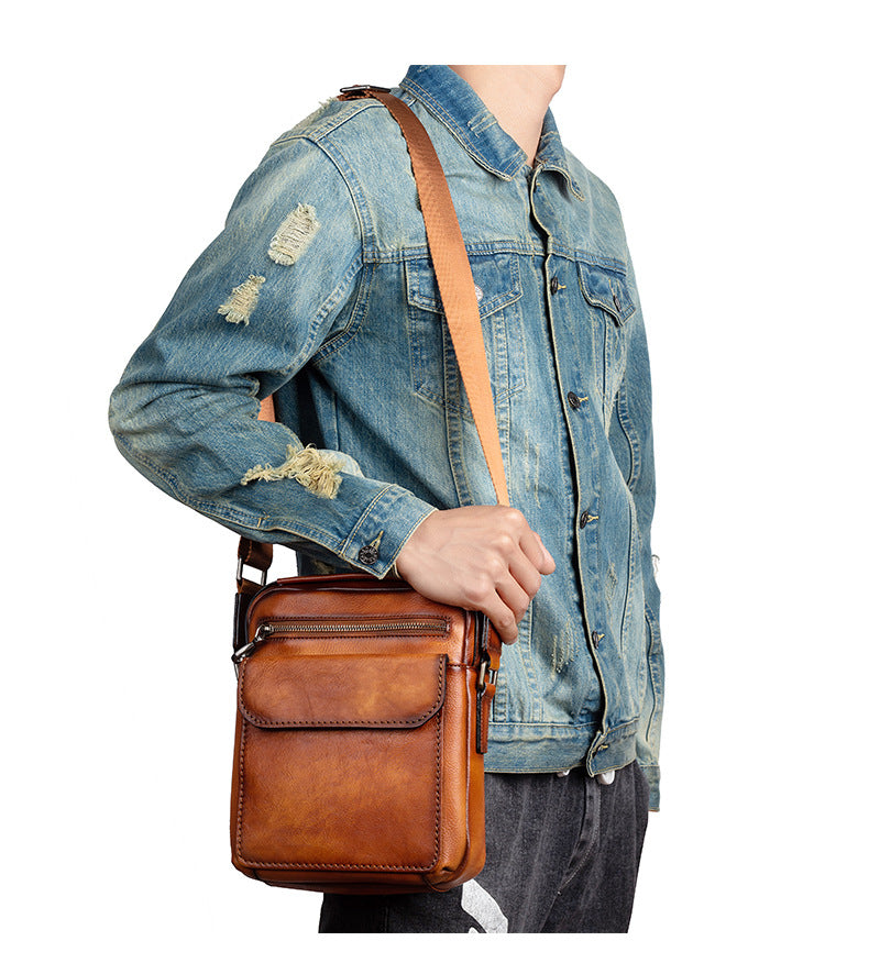 Men's Shoulder Bag Genuine Cowhide Leather Retro Casual Male Crossbody Bag 