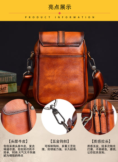 Men's Shoulder Bag Genuine Cowhide Leather Retro Casual Unisex Crossbody Bag 