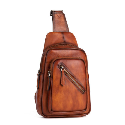 Men's Crossbody Bag Genuine Cowhide Leather Retro Casual Men's Bust Bag 