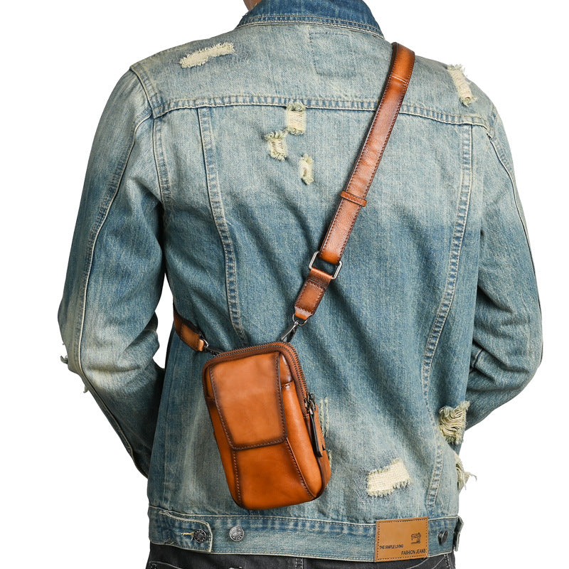 Men's Shoulder Bag Smartphone Pouch Cowhide Genuine Leather Retro Casual Crossbody Bag for Men 